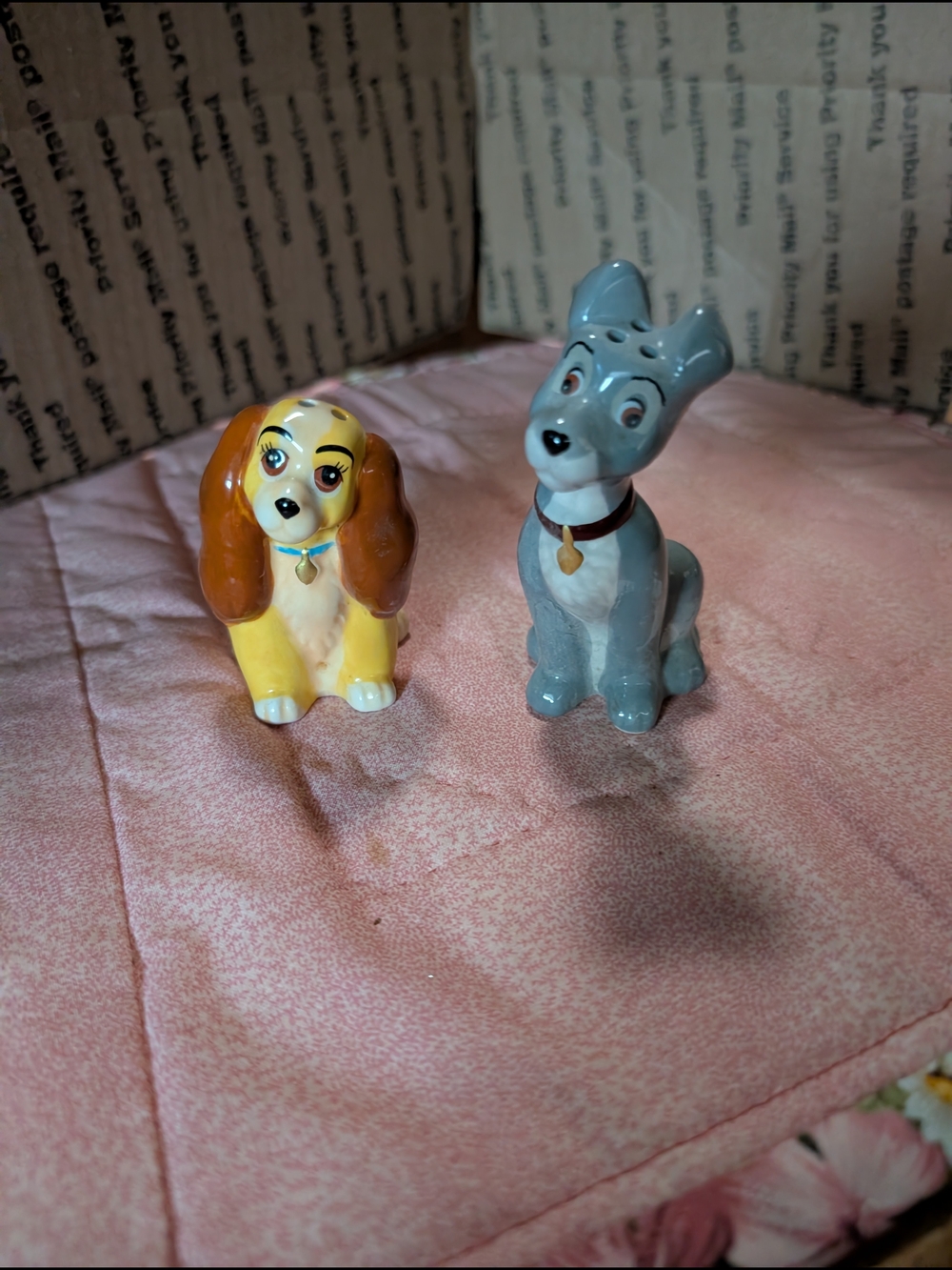 Ceramic Lady and the Tramp Figurine - Yellow and Gray Decorative Pets Statue